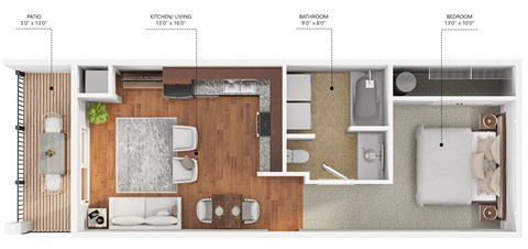 Floor plan for studio, 1 bath, 490 sqft